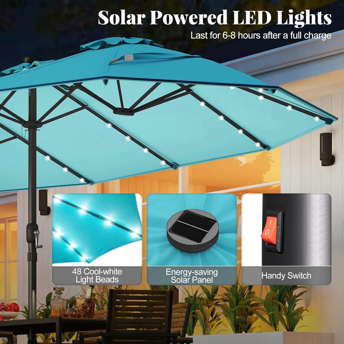 Double Sided Solar Patio Umbrella With LED Lights Outdoor