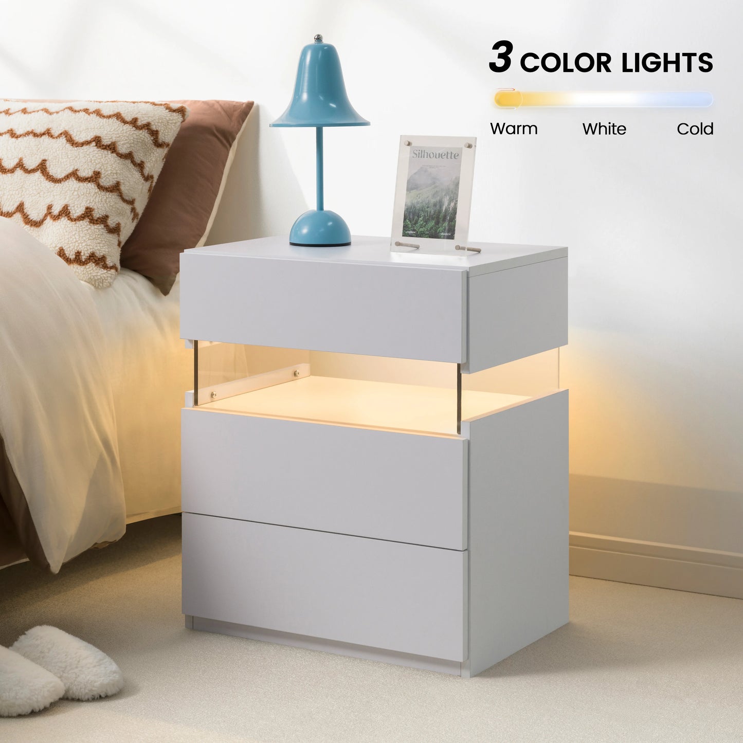 Cubehom LED Bedside Table With 3 Drawers Modern Nightstand