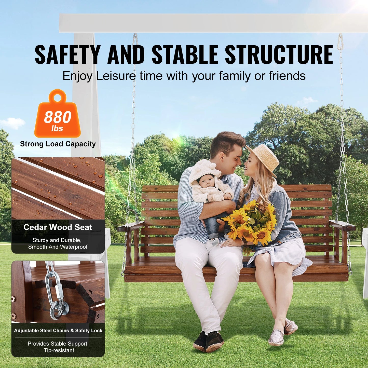 SucceBuy Wooden Porch Swing Outdoor Patio Bench Garden 880 Lbs