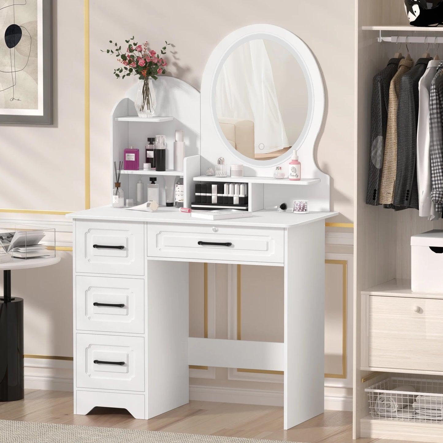 Modern Makeup Vanity Table With Mirror And Lights 4 Drawer