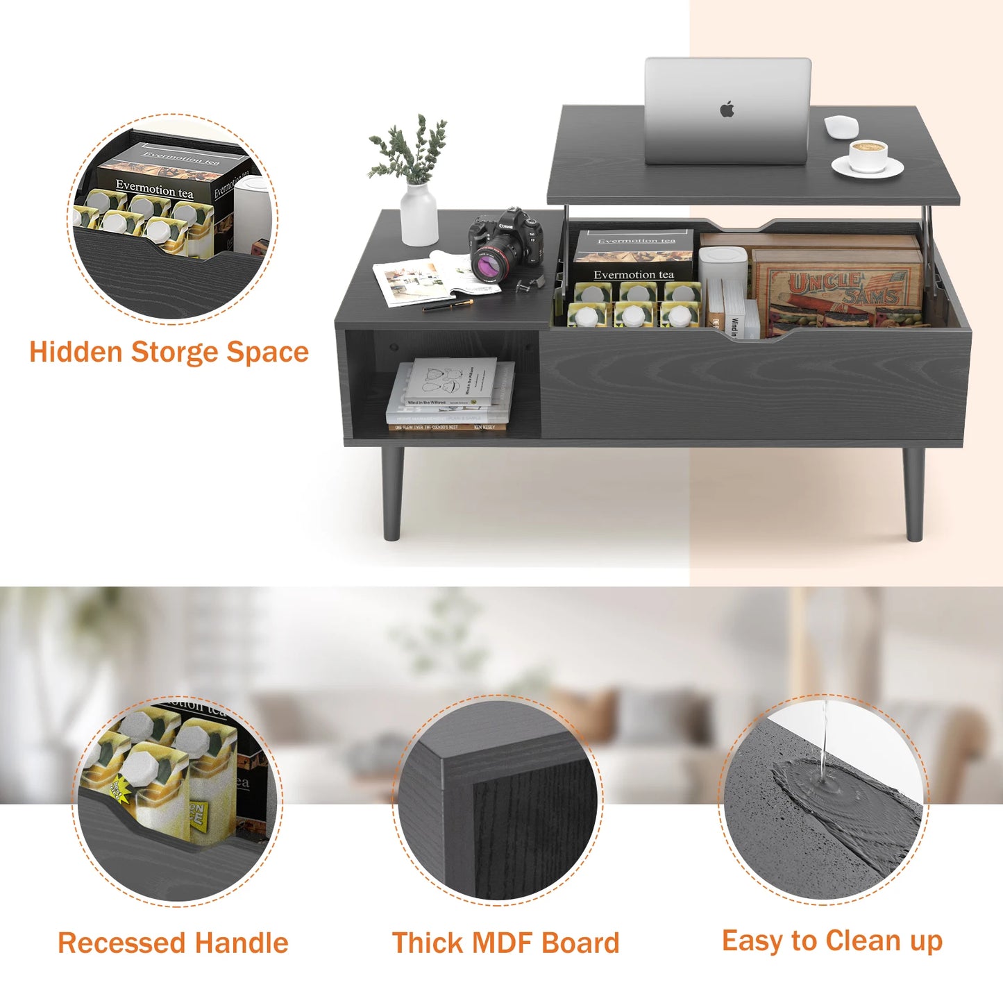 JHK Lift Top Coffee Table With Storage And Wood Desk