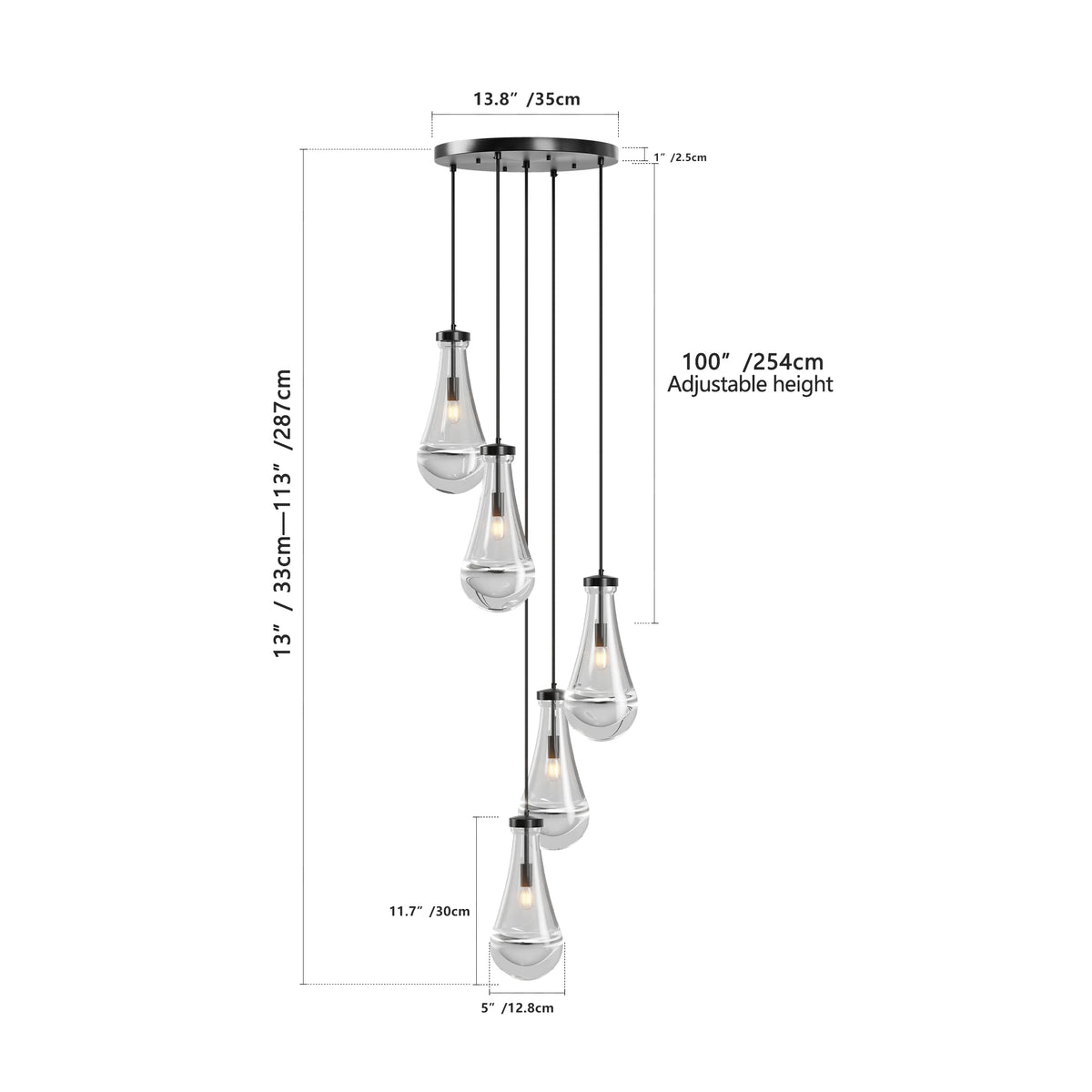 5 Light Cluster Pendant Lights, Black High Ceiling Chandeliers Adjustable, Living Room Pendant Light, E12 not including bulb