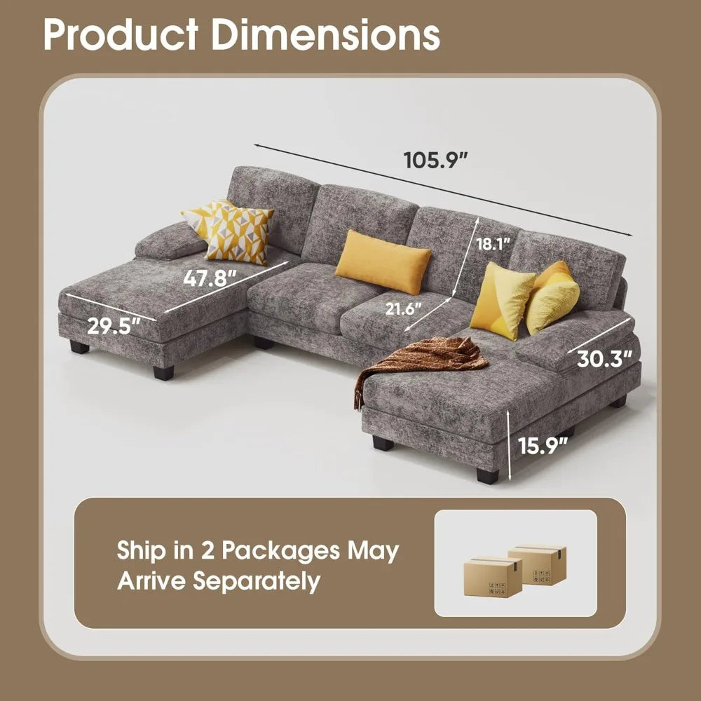 Combination U Shaped Sectional Sofa Linen Fabric Chaise 4 Seat