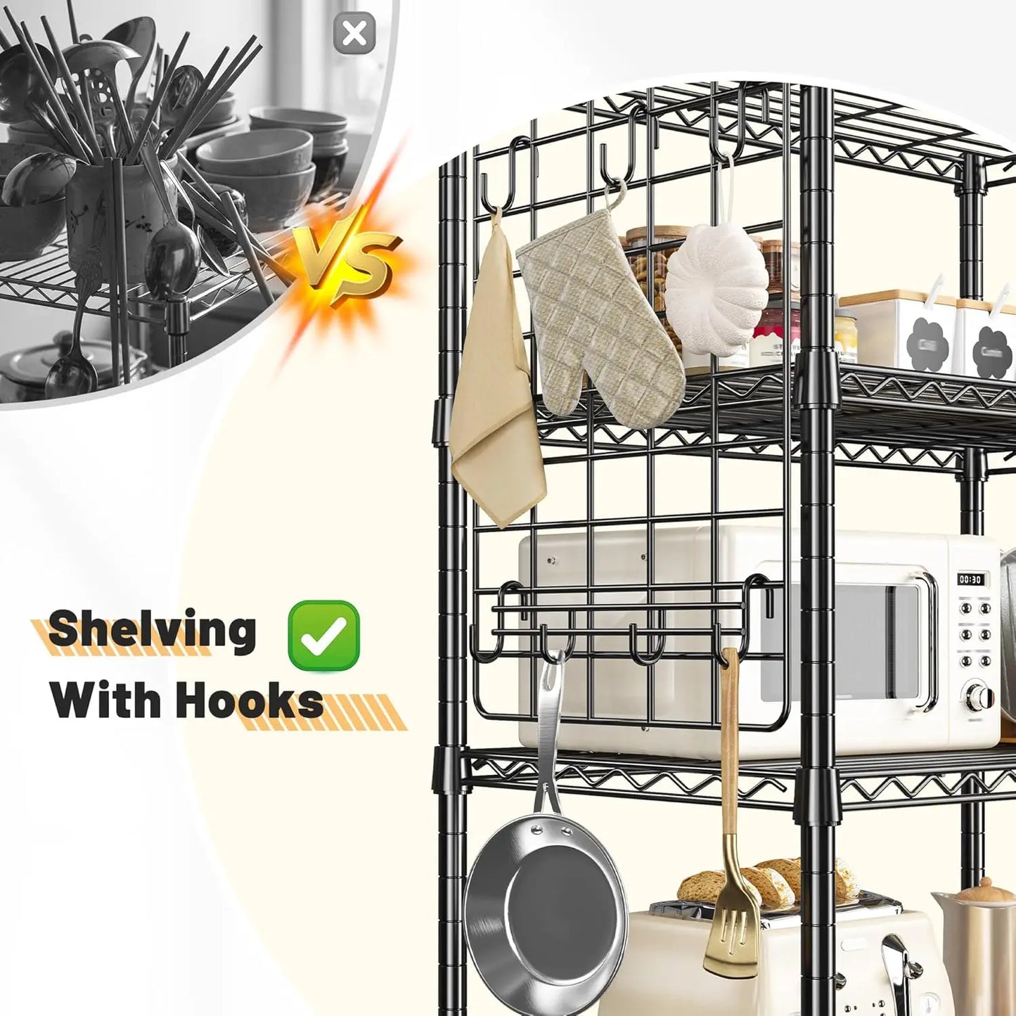 5 Tier Metal Shelving With Side Hanging Net Hooks Kitchen