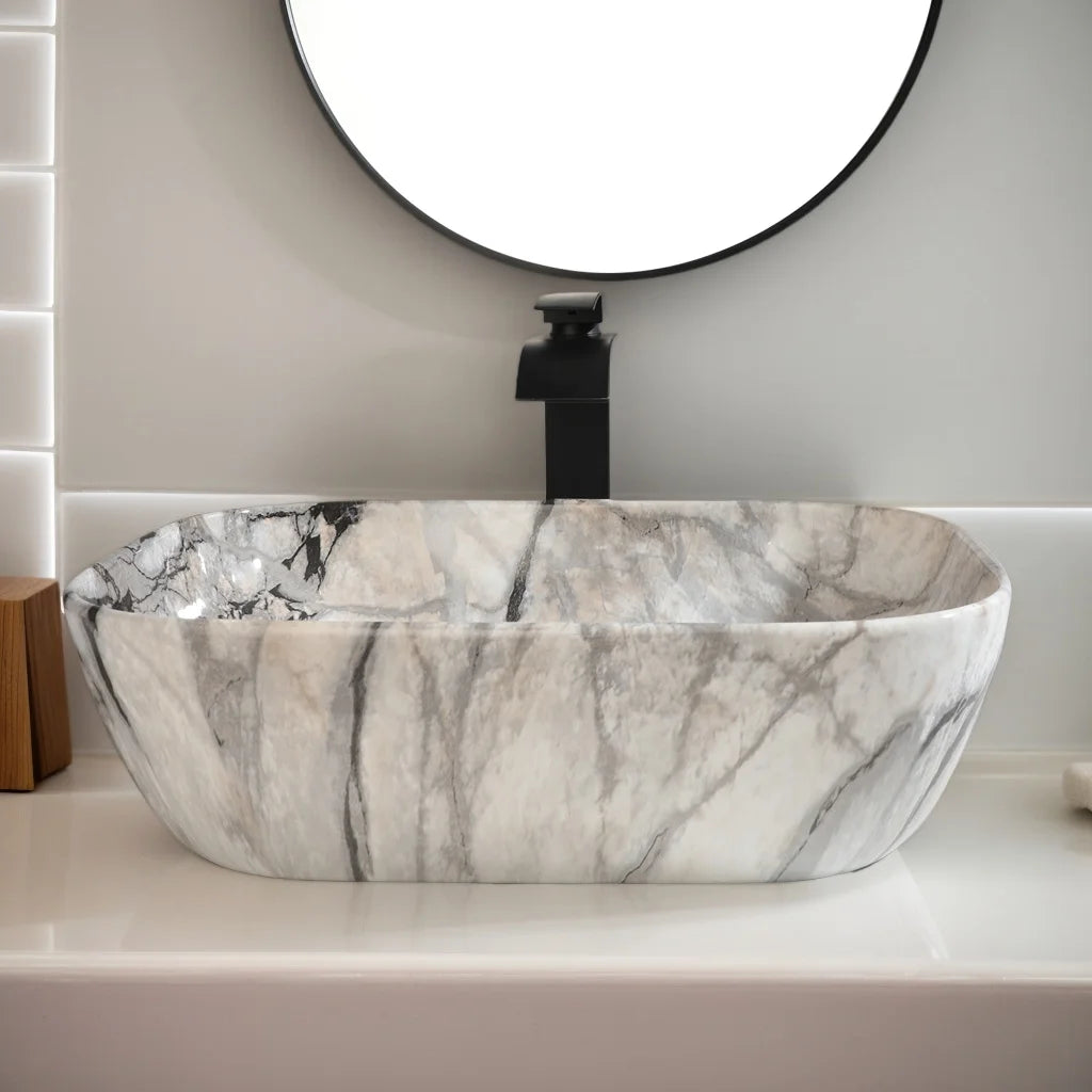 MEKKHALA Marble Pattern Ceramic Bathroom Vessel Sink Set Shape Basin