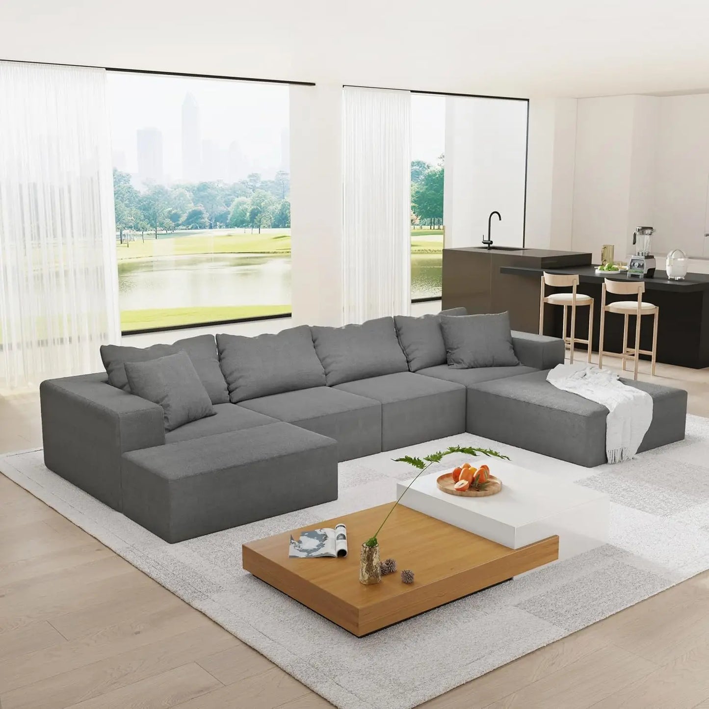 Modern Upholstered Sectional Sofa With Six Pillows Free Setup