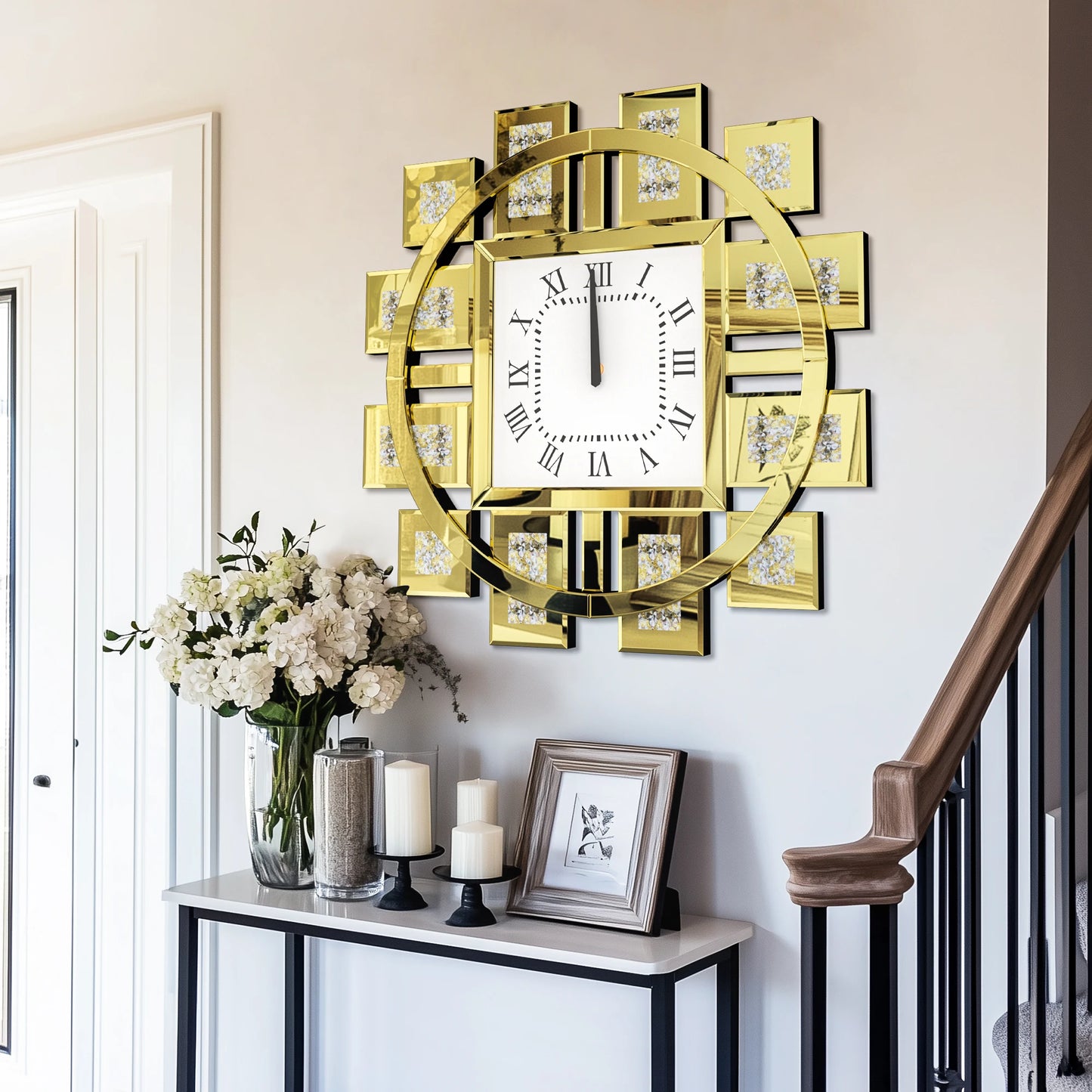 Irregular Diamond Mirrored Wall Clock Quartz With Roman Numerals