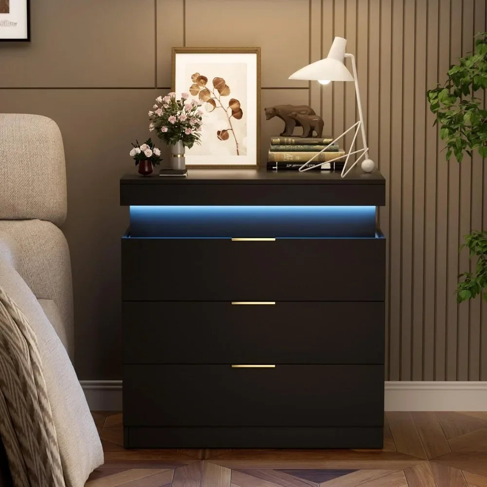 Nightstand With LED Lights And Charging Station Three Drawers
