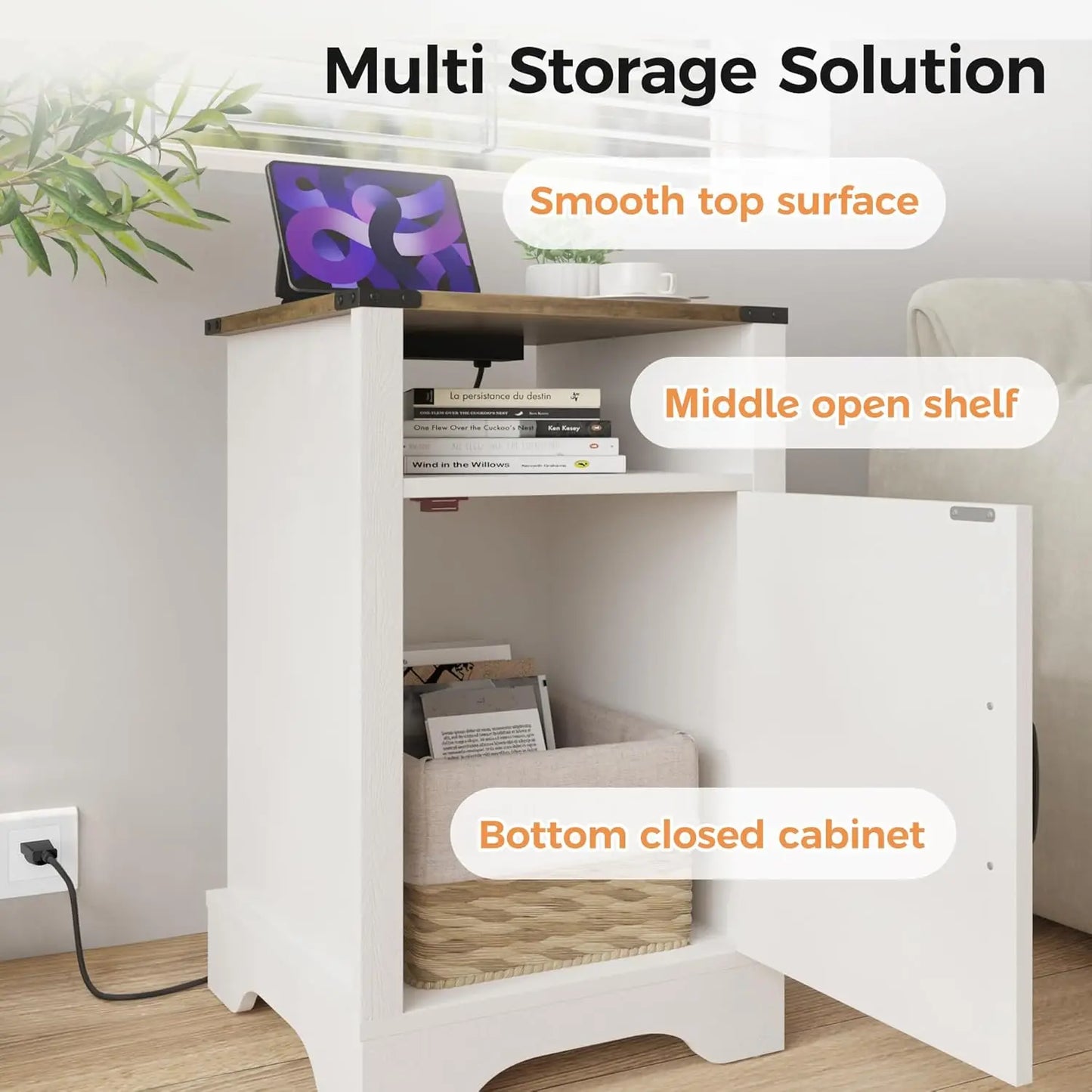 Farmhouse Nightstand Set Of 2 With Charging Station And Storage