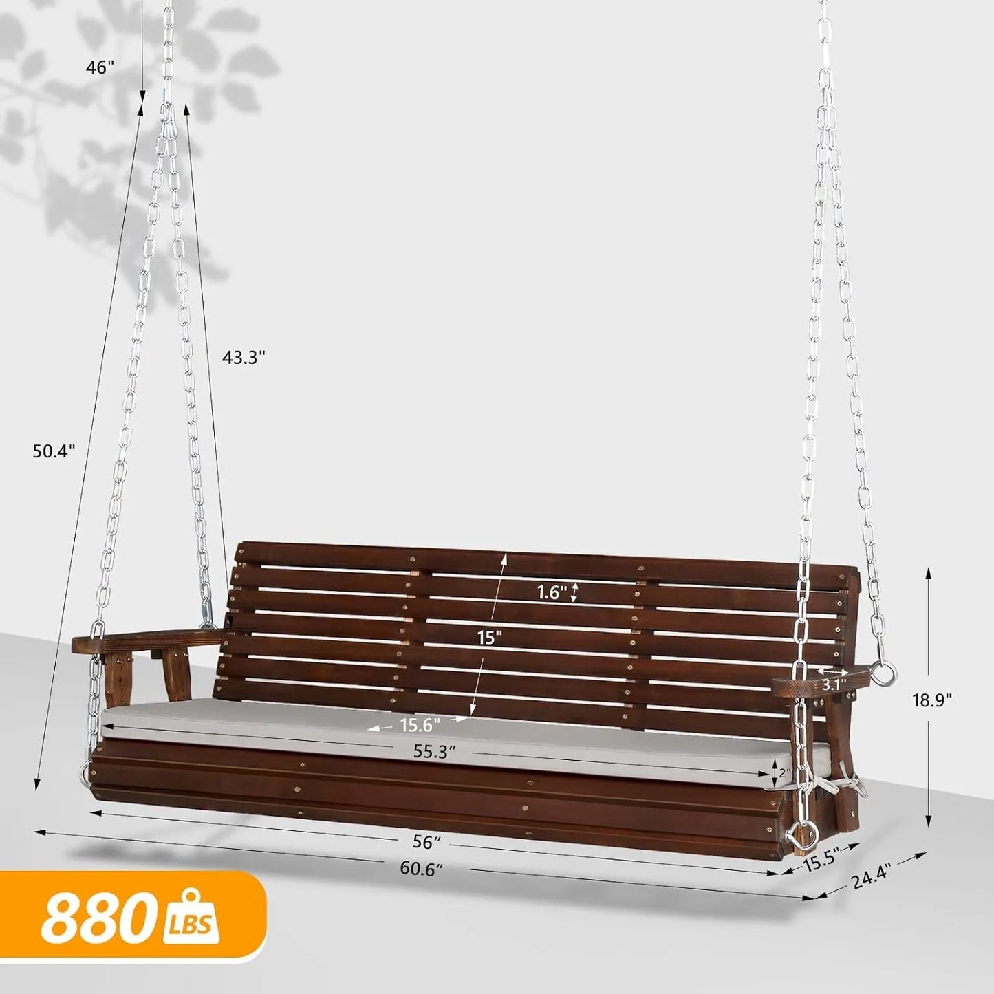Farmhouse Wooden Hanging Porch Swing Bench With Extra Cushion