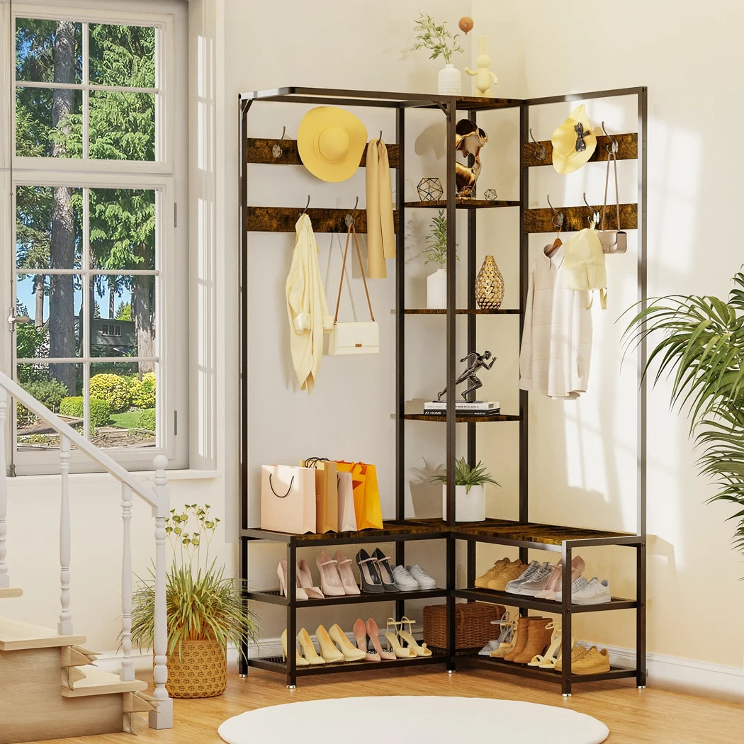 Heavy Duty Corner Coat Stand With Shoe Bench Hall Tree