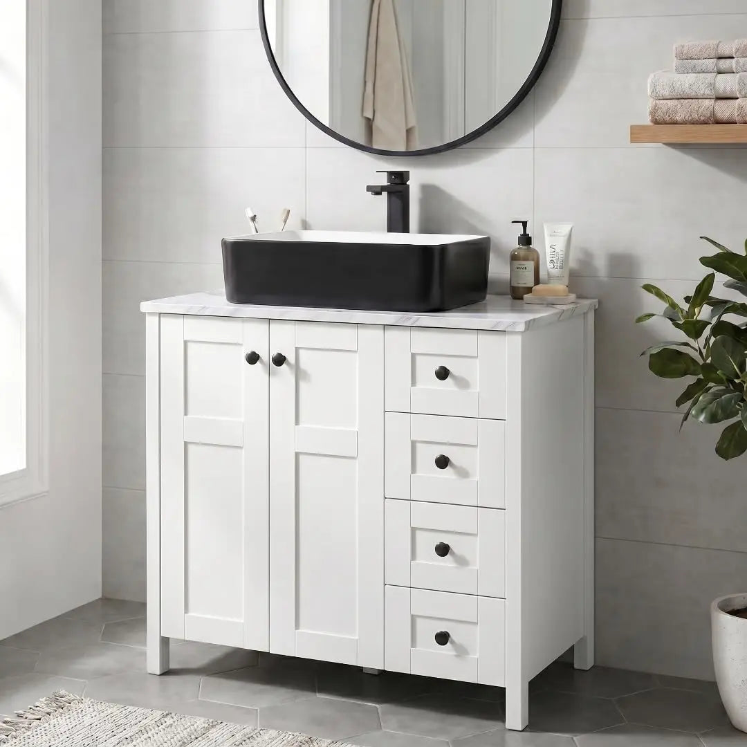 Minimalist Bathroom Vanity With Marble Texture And Ceramic Sink