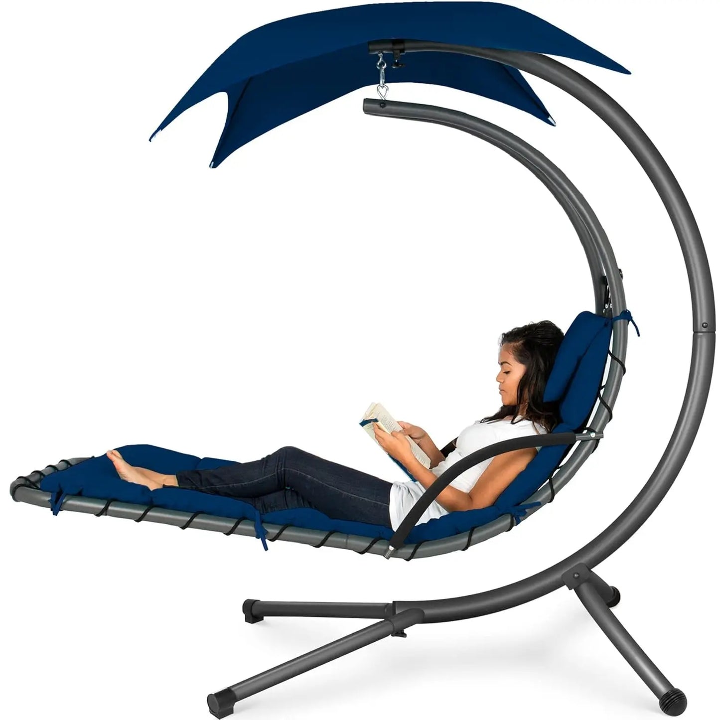 Outdoor Hanging Steel Chaise Lounge Chair With Swing Canopy Pillow