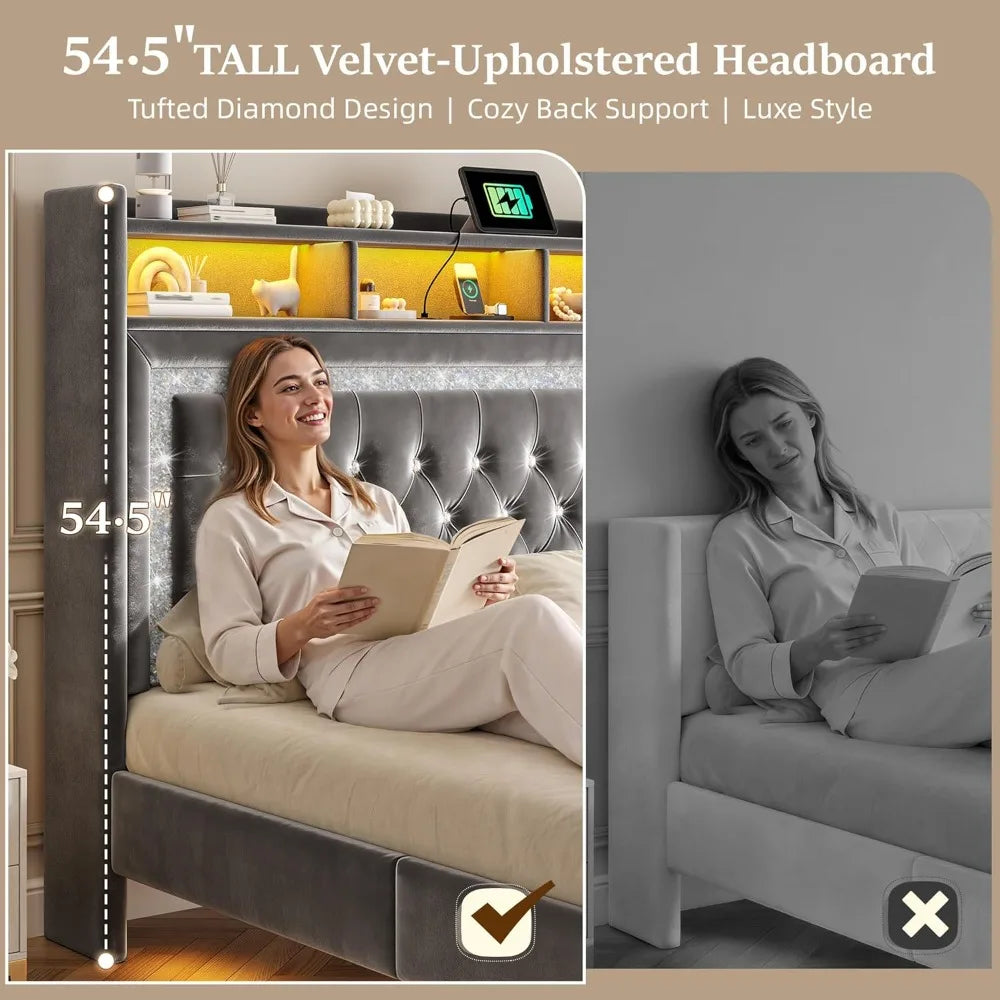General Use Floating Bed Frame With LED Lights Charging Station