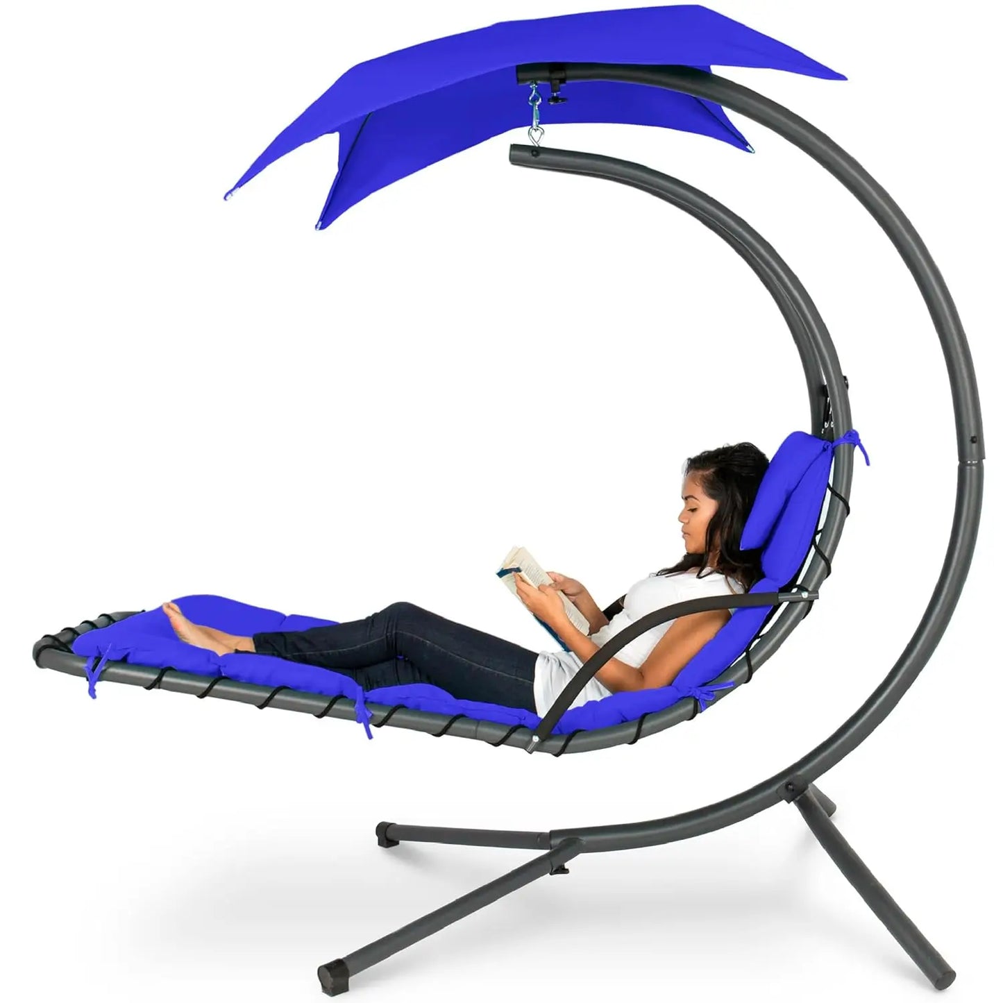 Outdoor Hanging Steel Chaise Lounge Chair With Swing Canopy Pillow