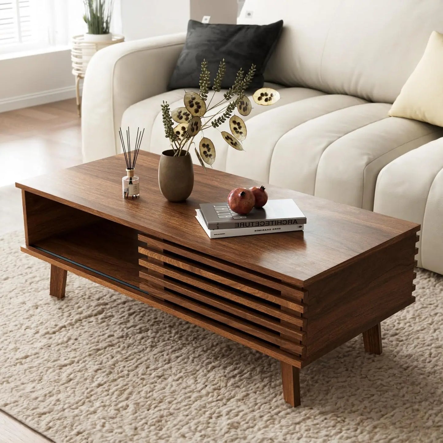 MOYU Mid Century Coffee Table With Storage And Sliding Door