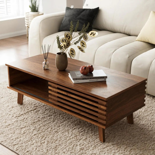 MOYU Mid Century Coffee Table With Storage And Sliding Door
