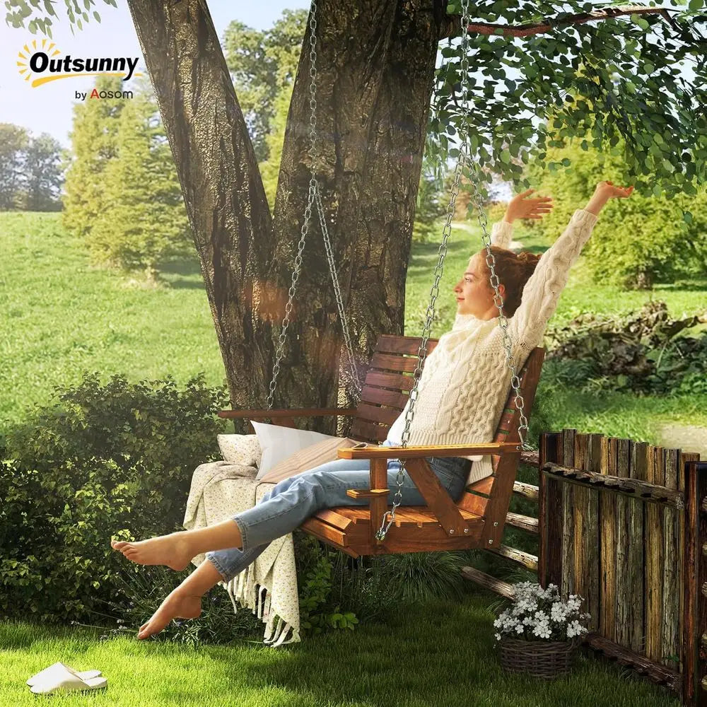 Outdoor Porch Swing With Cup Holders Patio Bench Carbonized Wood