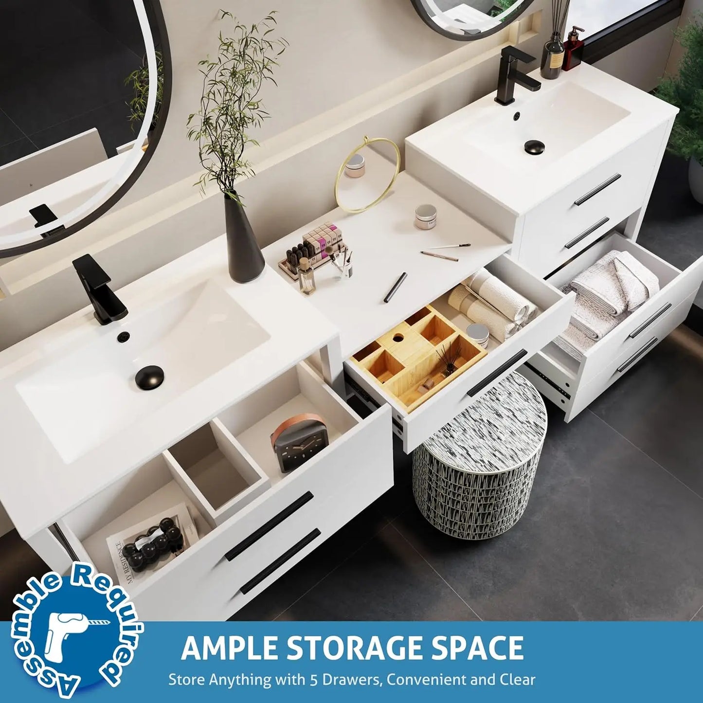 Modern Bathroom Vanity Sink Combo With Makeup Desk And Dual Faucets