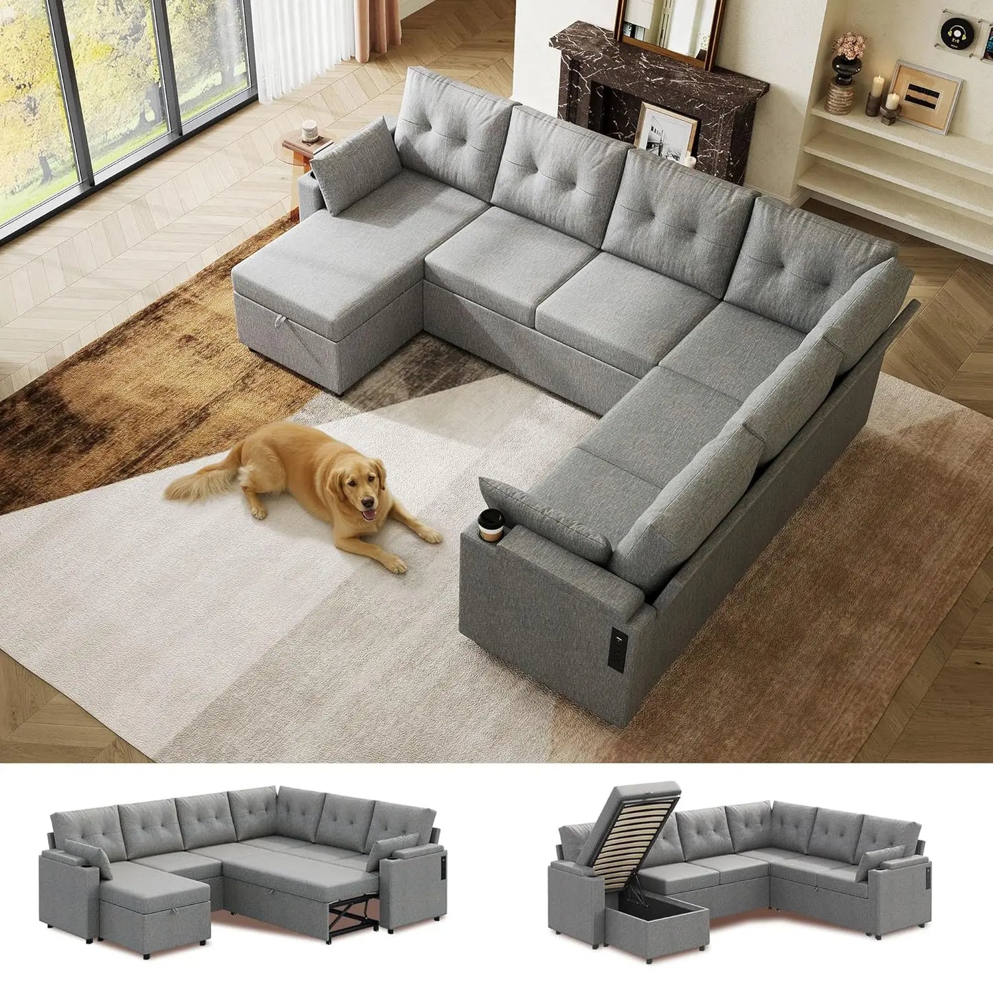 Sectional Sofa With Sleeper And Storage Chaise Linen Cotton Blend