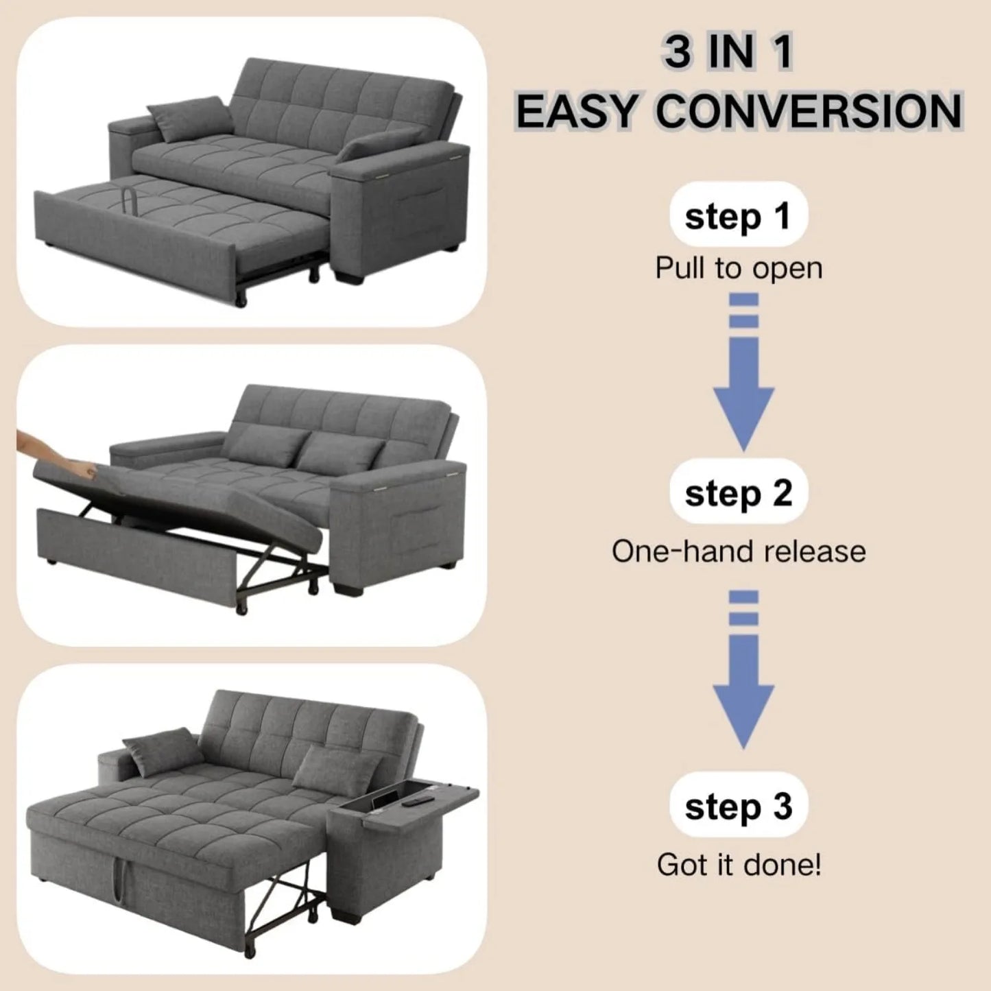 XIUWO 3 In 1 Convertible Sofa Bed With Storage Backrest