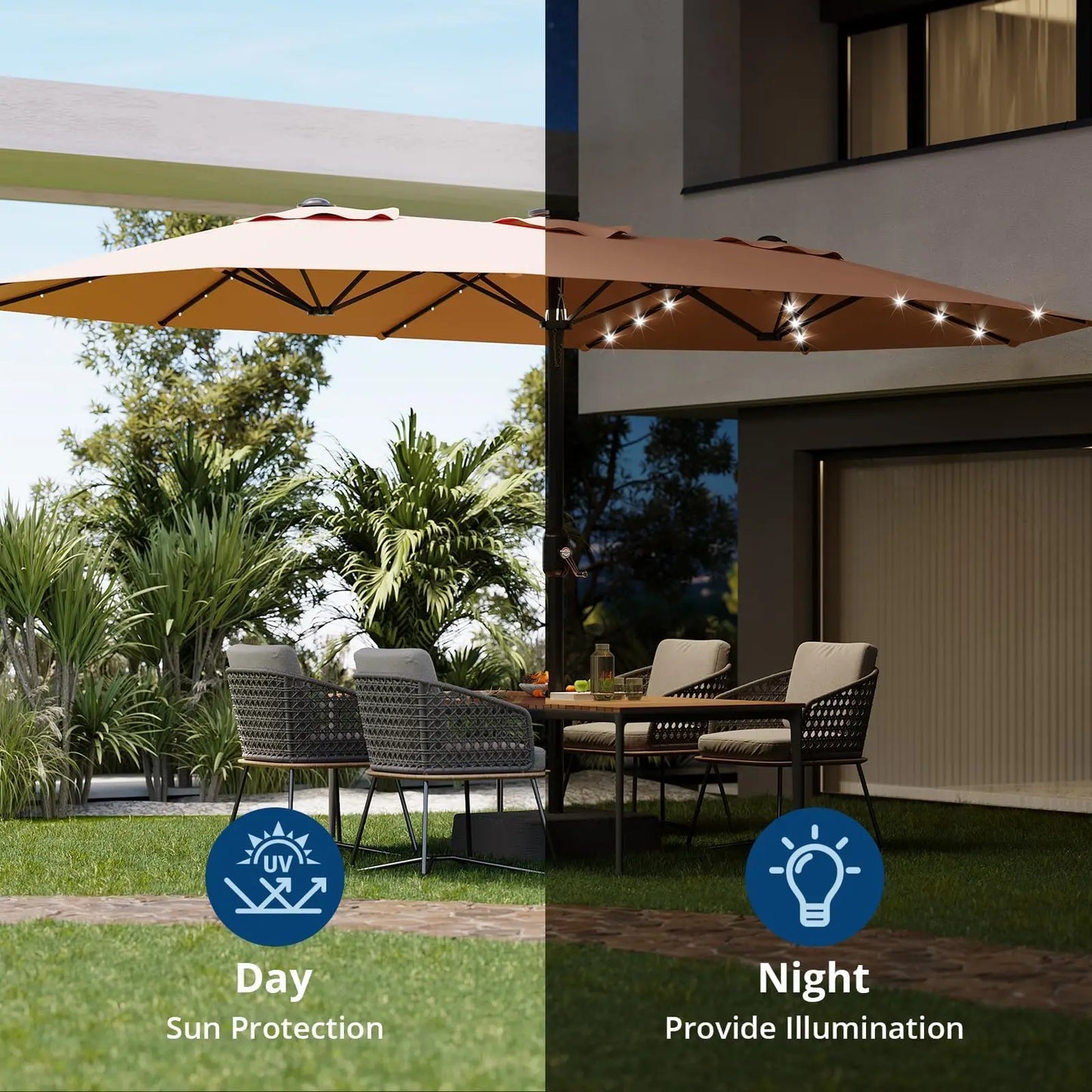 HiMISS Outdoor Patio Umbrella With Solar LED Lights And Base