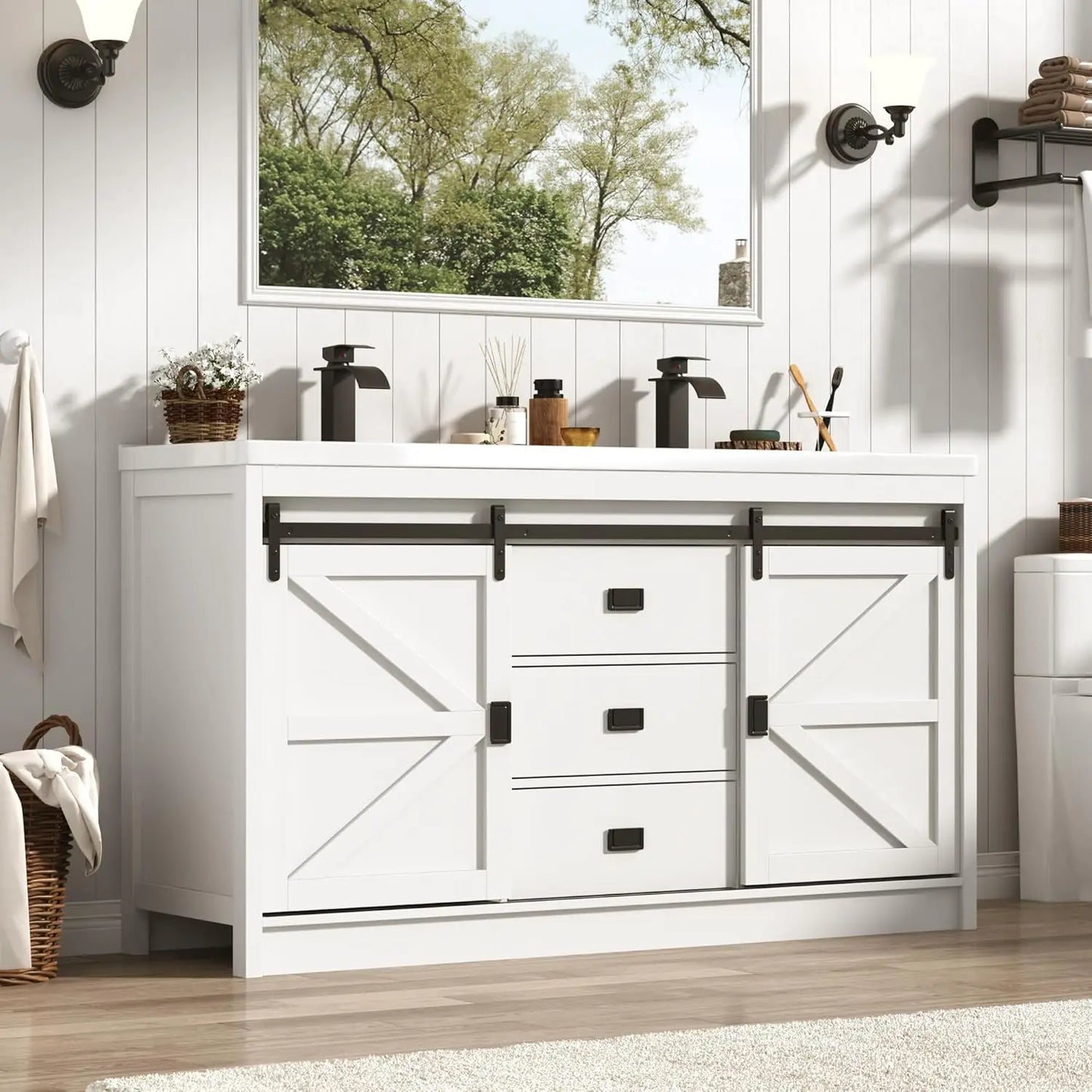 Double Farmhouse Bathroom Vanity Cabinet With Sink And Faucet