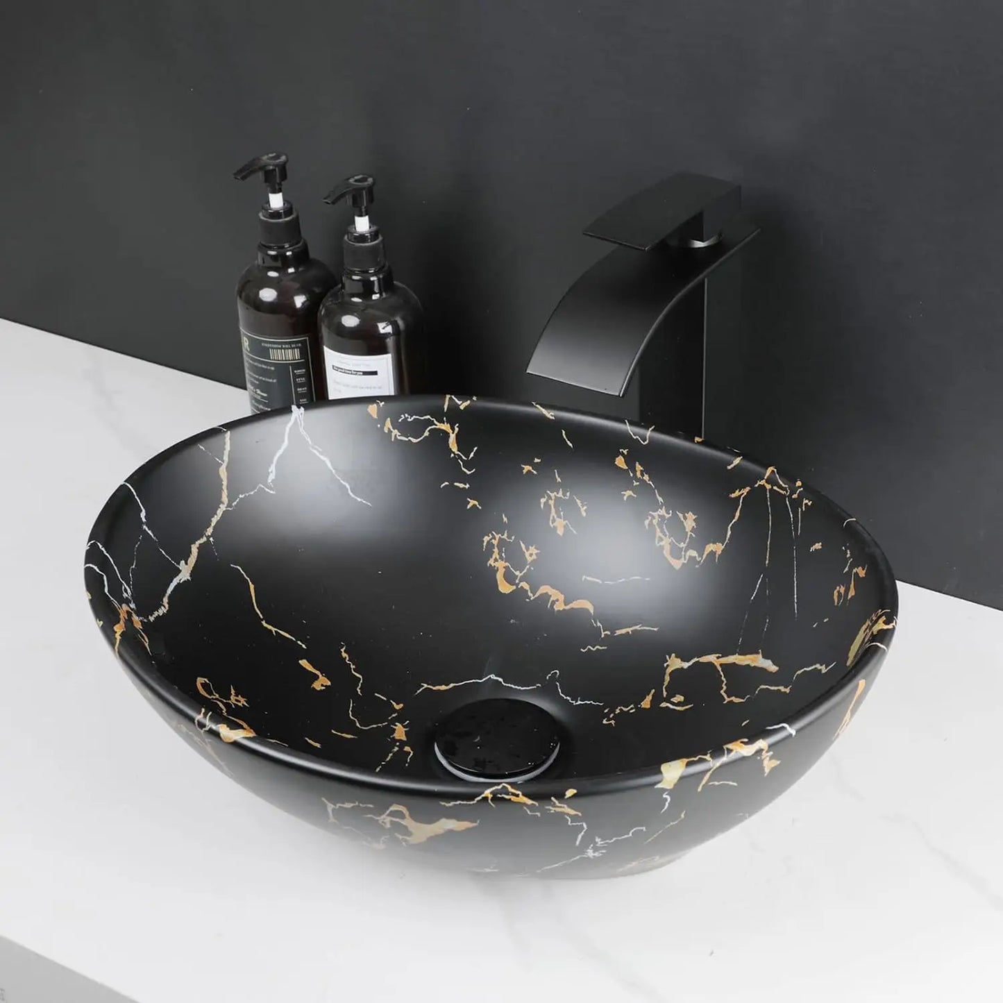 Mekhala Oval Vessel Sink With Faucet Marble Pattern Ceramic Vessel Sink