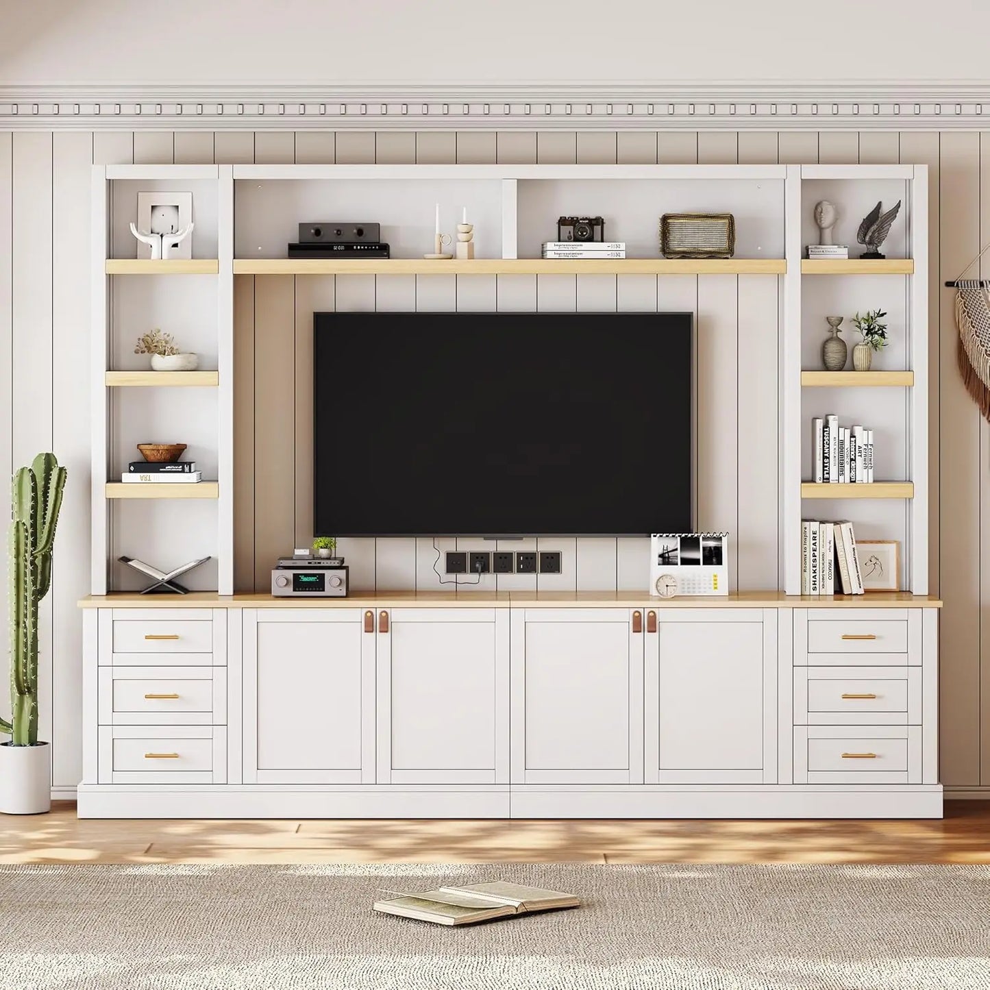 Farmhouse Entertainment Center Wall Unit With Bookshelves And Drawers