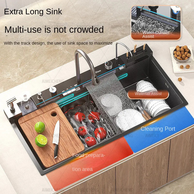 304 Stainless Steel Kitchen Waterfall Sink Digital Display Large Single Sink Dish Basin Sink With Multifunction Touch Waterfall