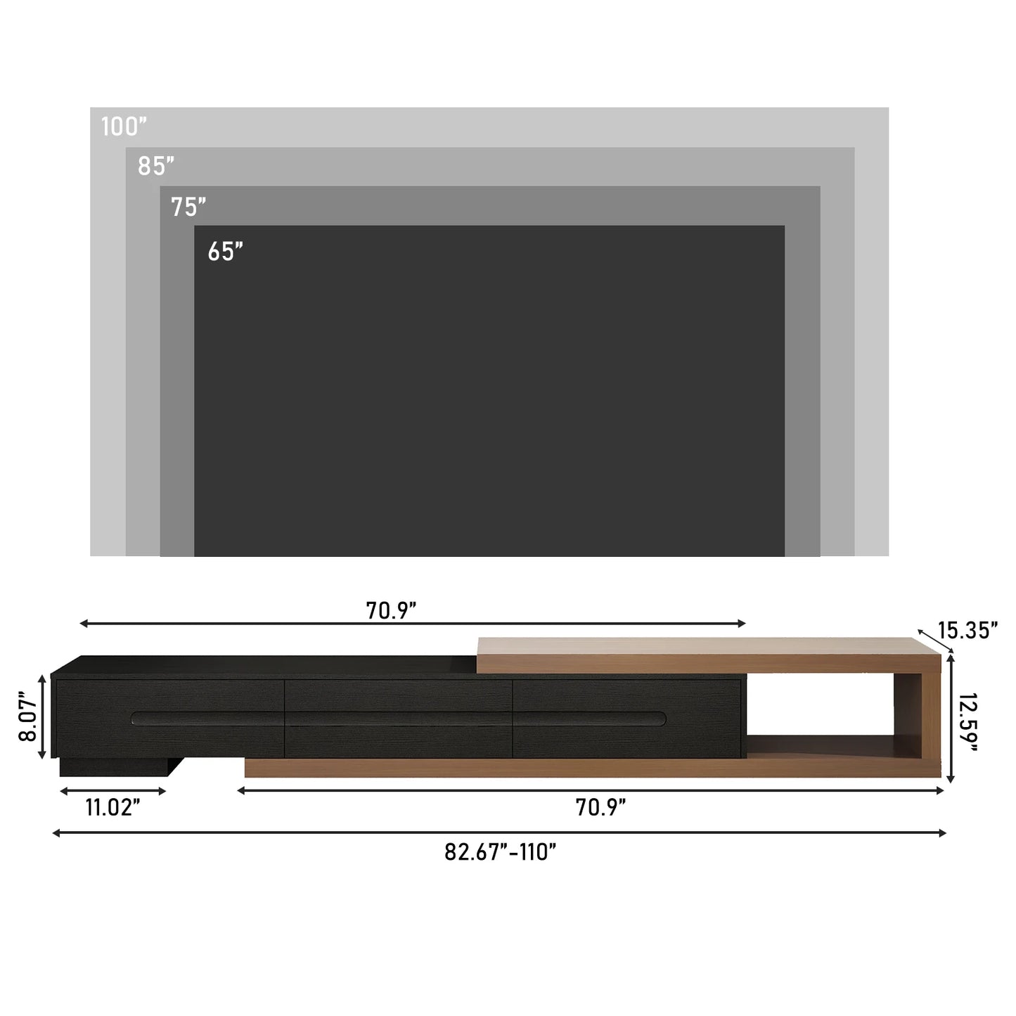 QiaoShiRen Extendable TV Stand Wood Reversible Media Console With Drawers