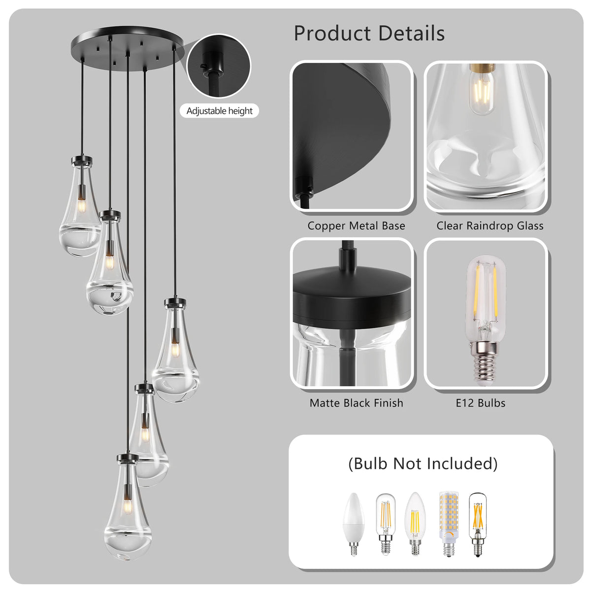 5 Light Cluster Pendant Lights, Black High Ceiling Chandeliers Adjustable, Living Room Pendant Light, E12 not including bulb