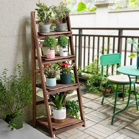 Folding 4 Tier Ladder Shelf Storage Unit Wooden Bookcase Rack