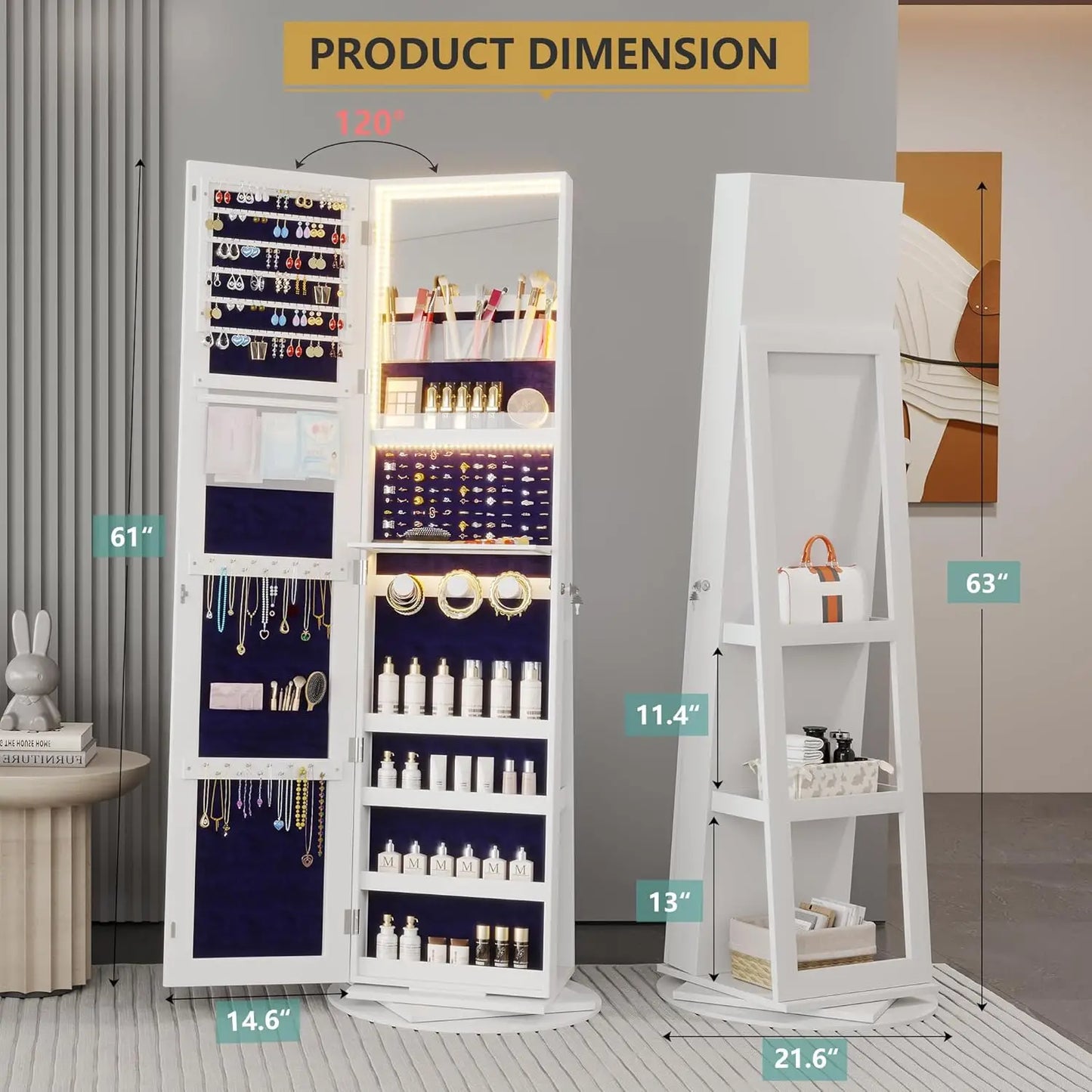 LED Jewelry Armoire With Lockable Mirror 360 Degree Rotation