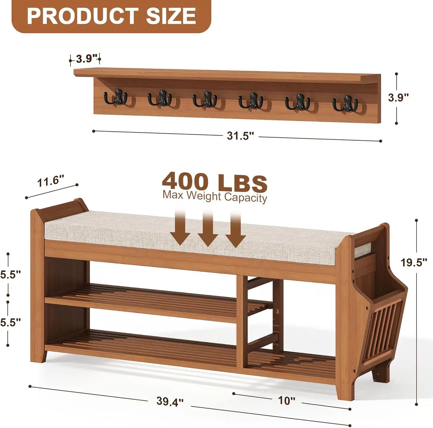 Shoe Bench Coat Rack With Hidden Drawer And 2-Tier Storage