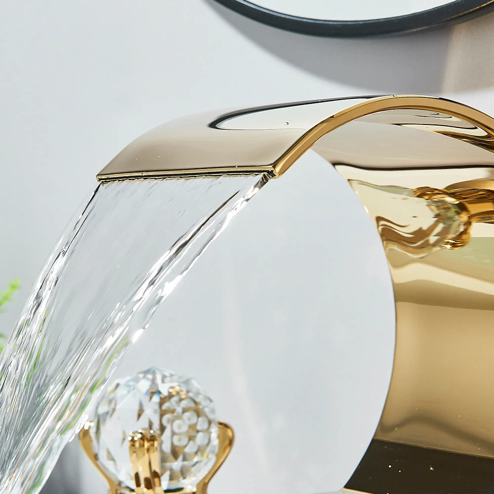 Quyanre Waterfall Bathroom Faucet With Crystal Handle Widespread Hot Cold