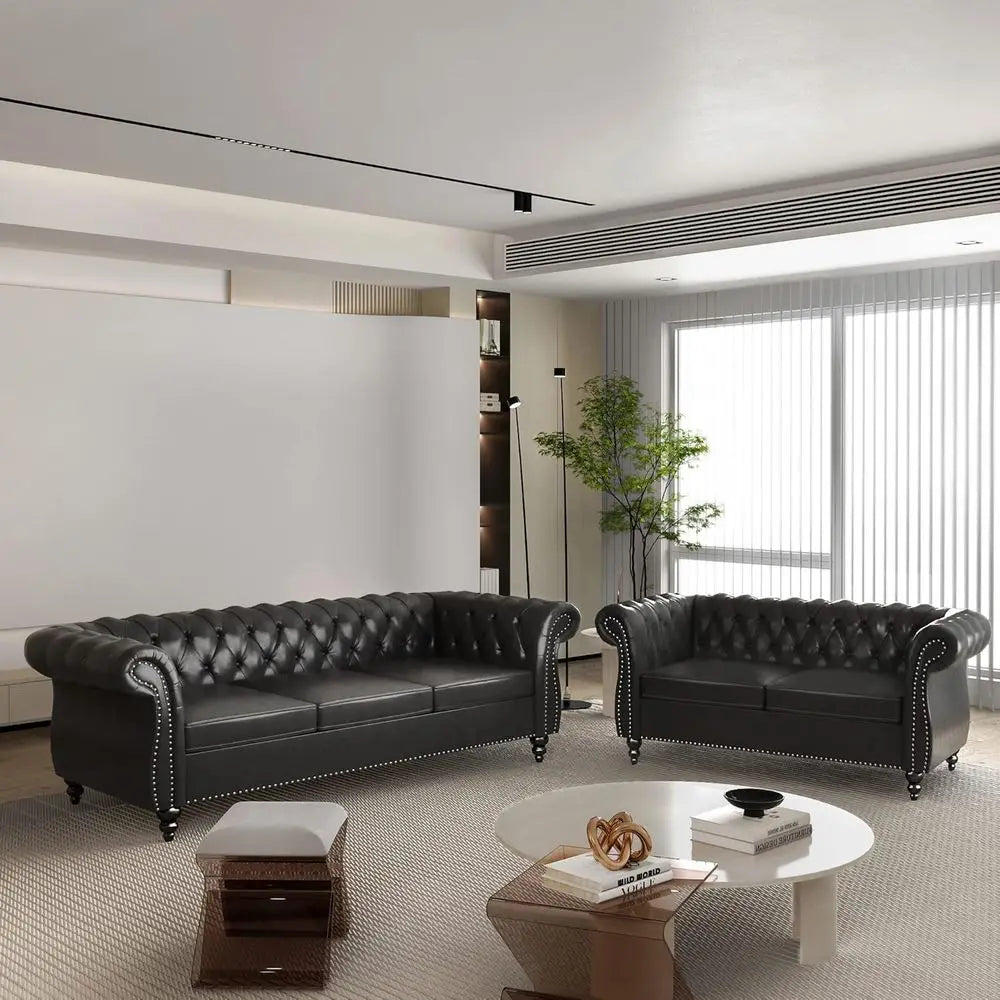 Chesterfield Leather Sofa and Loveseat Set with Scroll Arm
