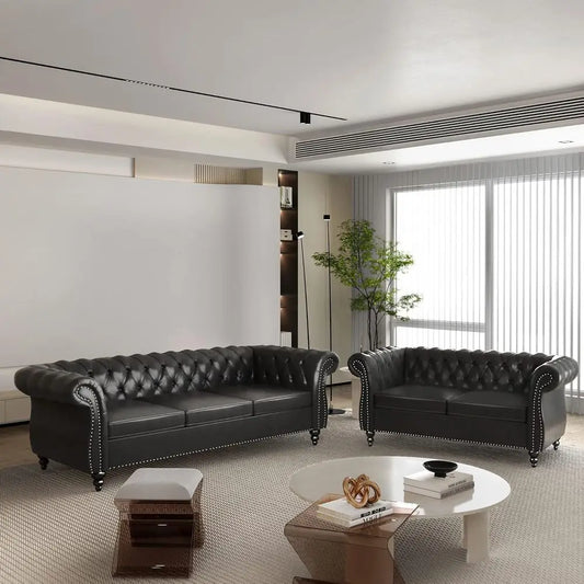 Chesterfield Leather Sofa and Loveseat Set with Scroll Arm