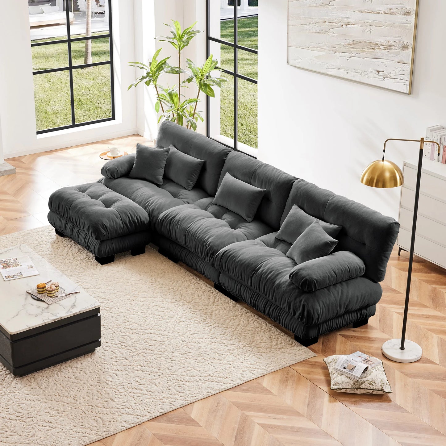 Chenille Modular Sectional Sofa Couch With Ottomans