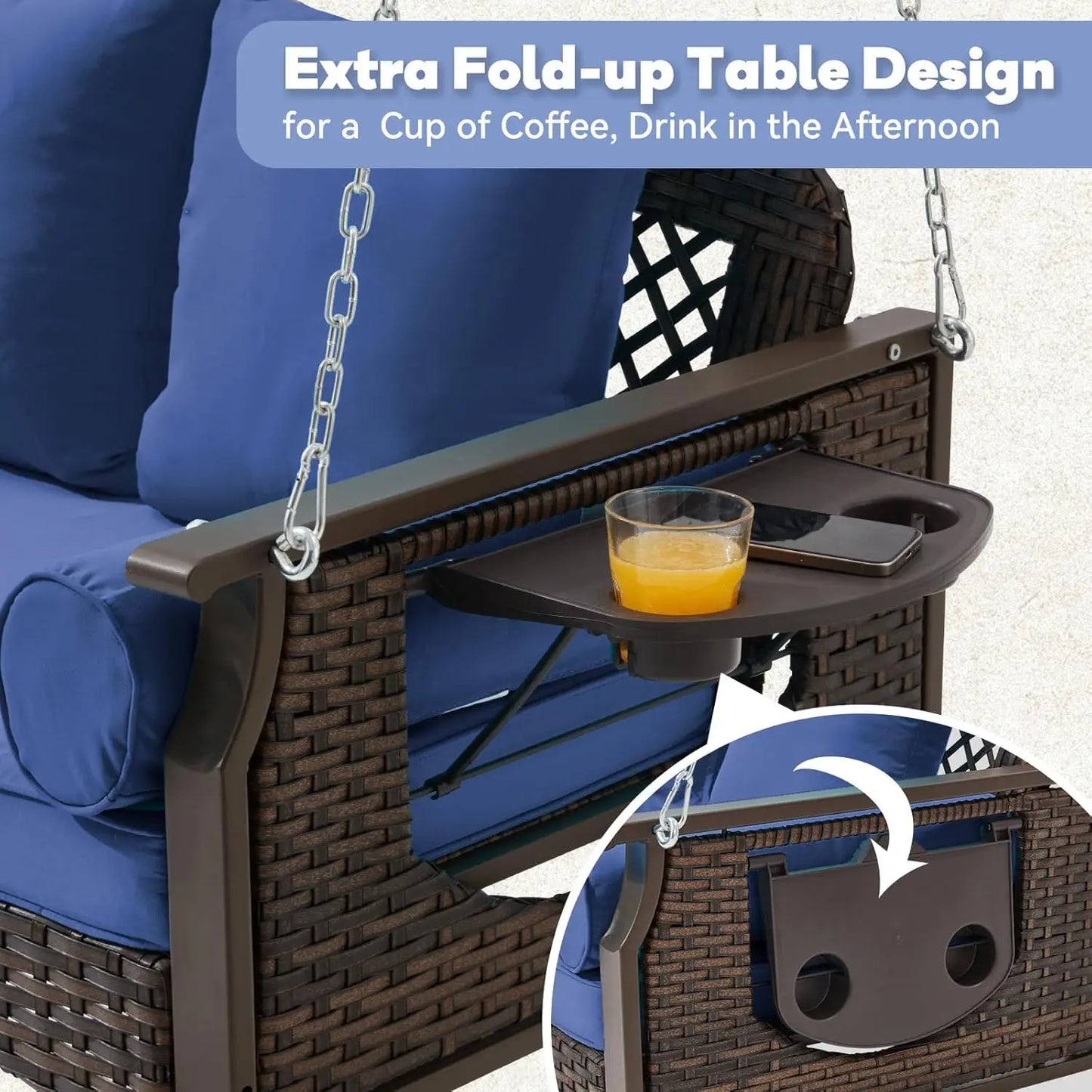 Rattan Porch Swing 3 Seat With Cup Holders And Cushions
