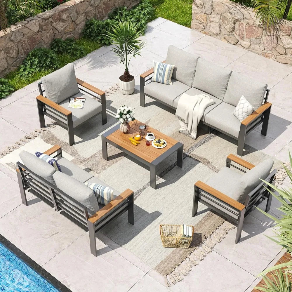 Aluminum Outdoor Patio Furniture Set With Cushions 7 Seats Coffee Table