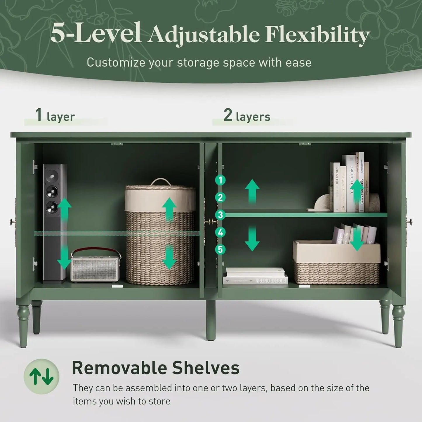 Modern Sideboard Buffet Cabinet With Adjustable Shelves And Carved Handle