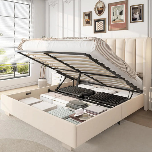 Lift Up Storage Bed Frame With Velvet Wingback Headboard