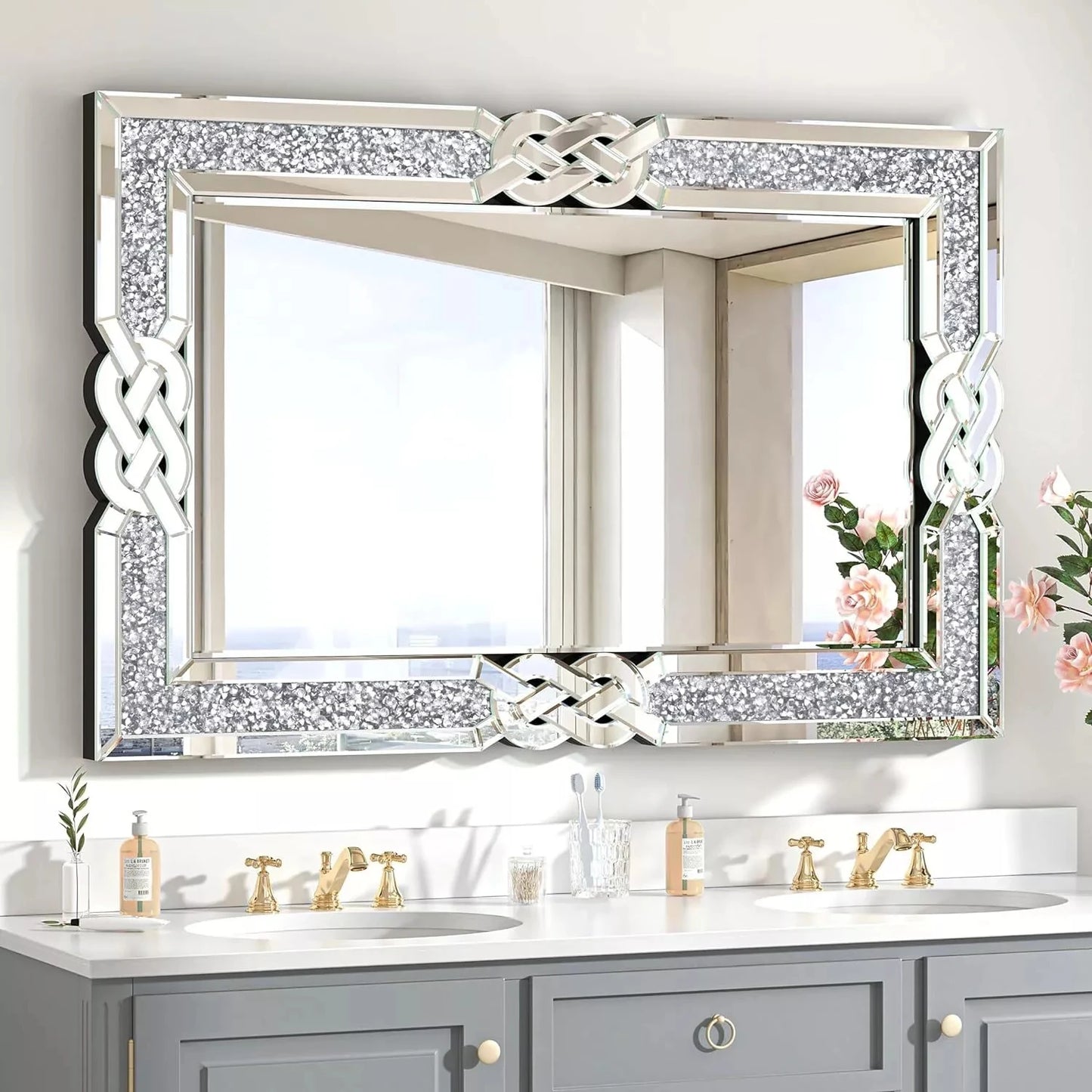 Wisfor Crushed Diamond Wall Mirror Framed Glass Glam Bling Edge