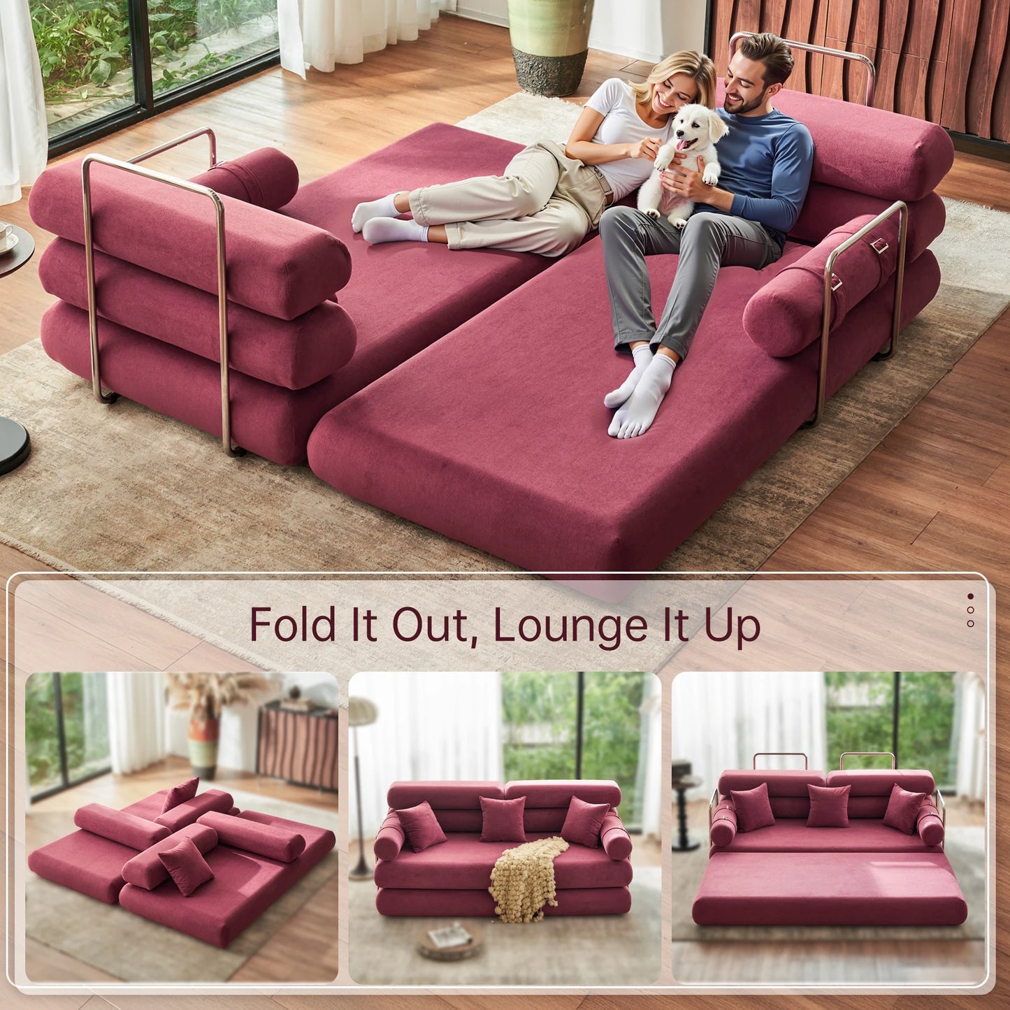 Convertible Sleeper Sofa Bed Floor Couch With Rounded Armrests