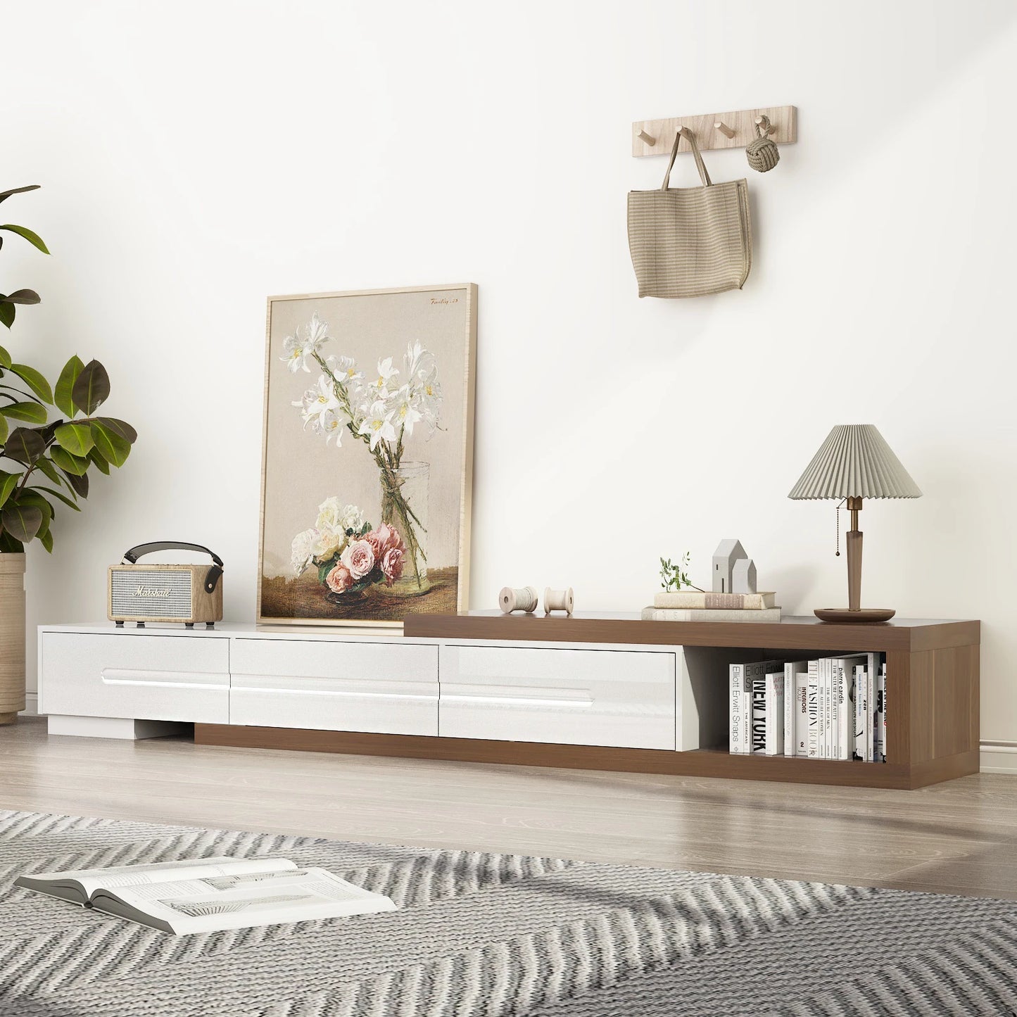 QiaoShiRen Extendable TV Stand Wood Reversible Media Console With Drawers
