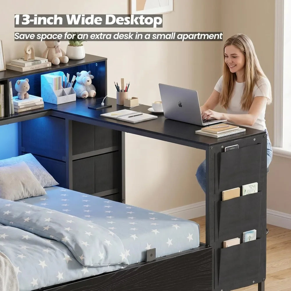 Corner Bed Frame With Storage And LED Lights Charging Station