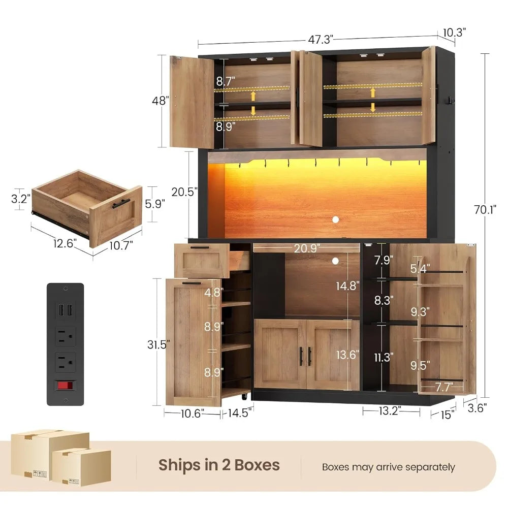 Pantry Cabinet With Charging Station And LED Light Microwave Stand