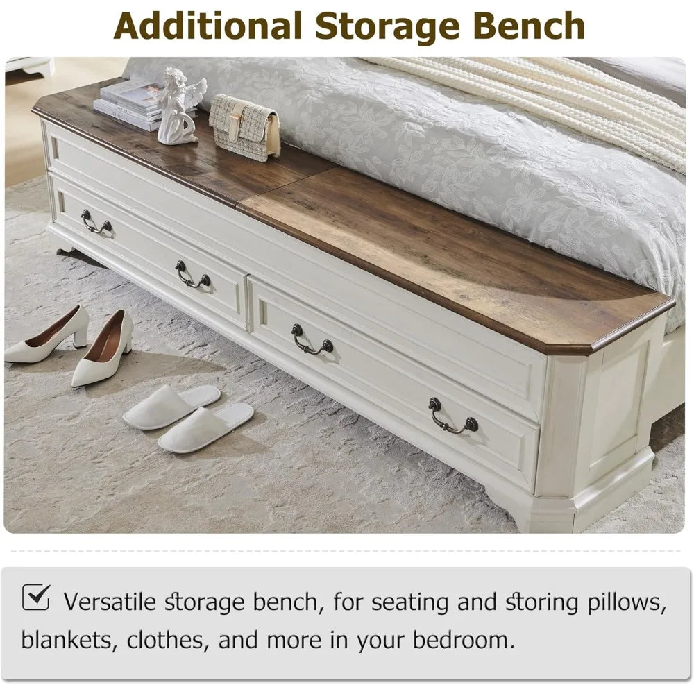 XMSJ Farmhouse King Platform Bed With Headboard Storage Bench