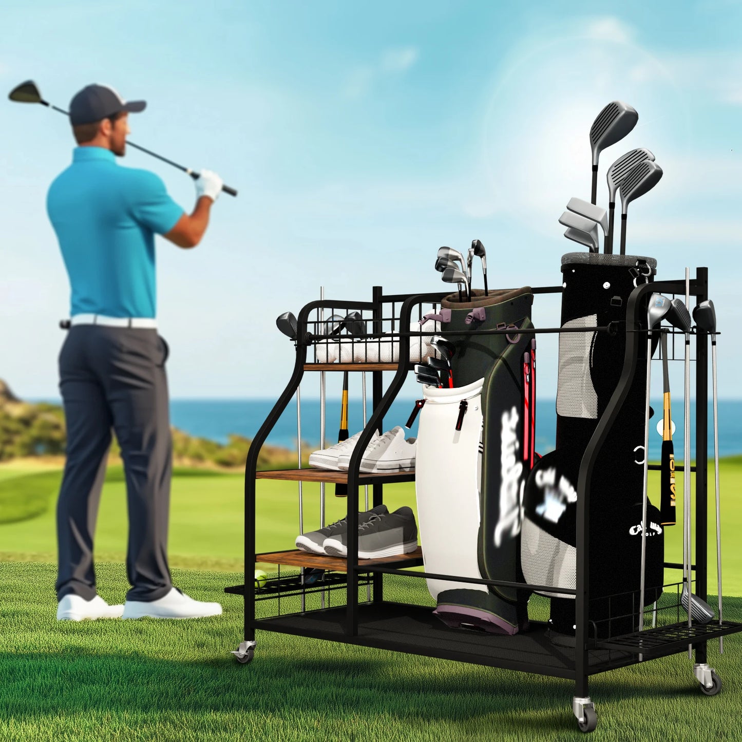 Rolling Golf Bag Storage Rack With Wheels Metal Organizer